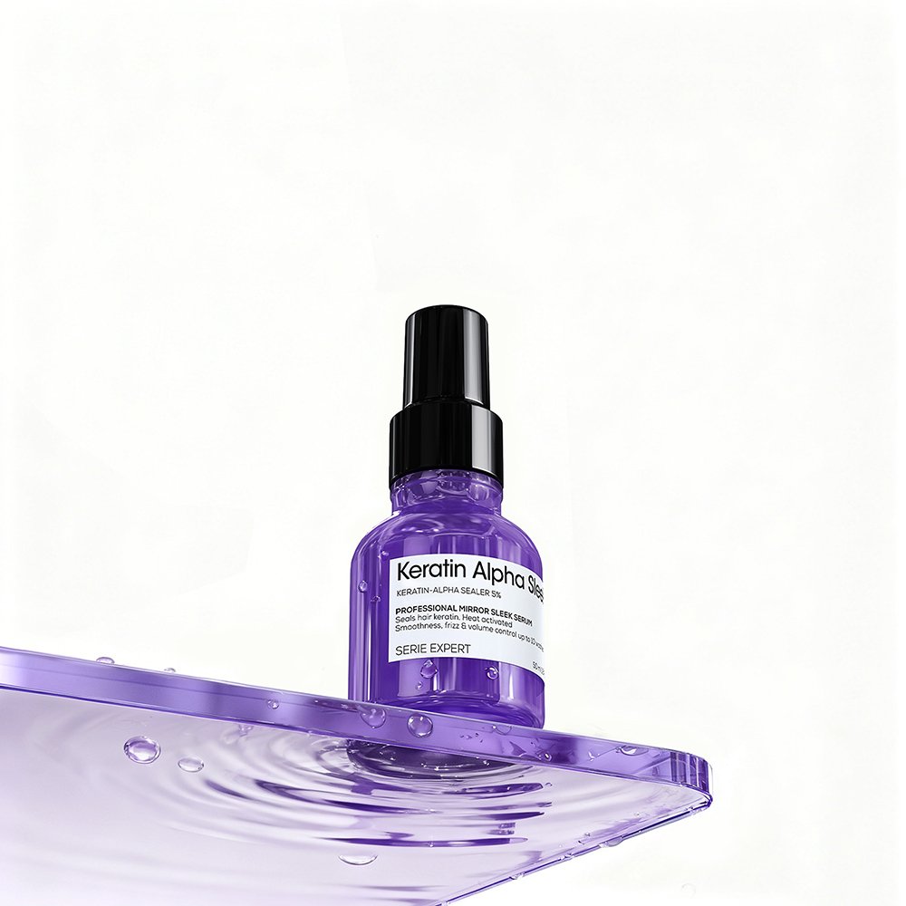Sérum Mirror Sleek de Keratin Alpha Sleek sobre superficie con agua