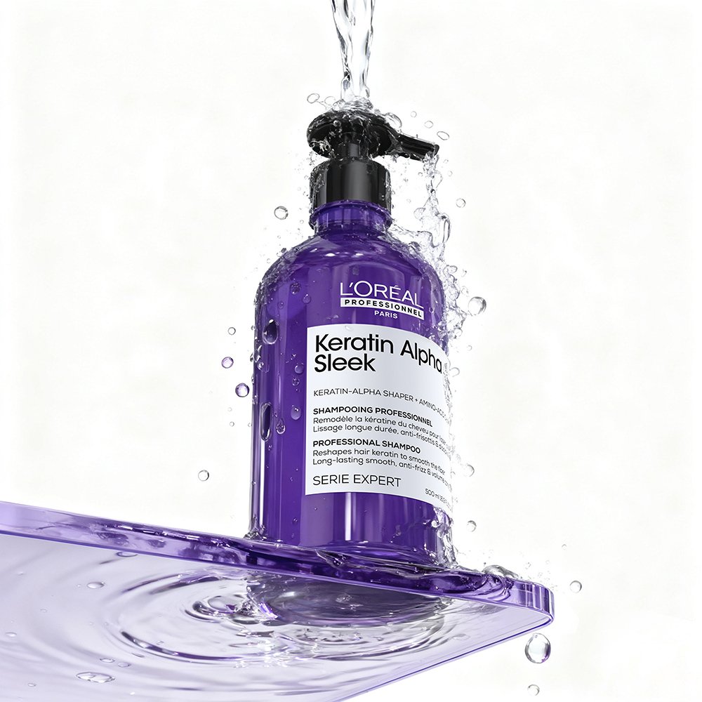 Shampoo Keratin Alpha Sleek 300 ml de L'Oréal Professionnel con salpicadura de agua