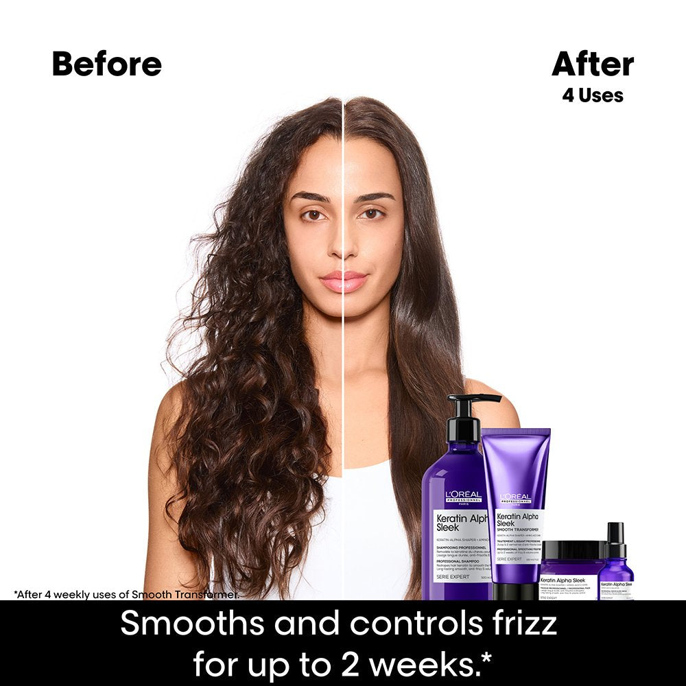 Cabello liso antes y después del tratamiento Smooth Transformer de Keratin Alpha Sleek